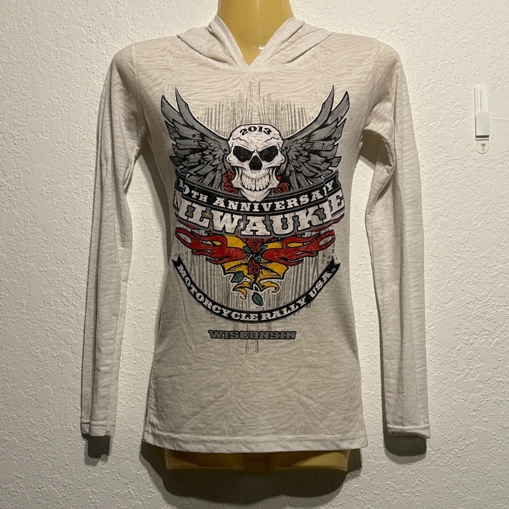Classy JR Milwaukee Motorcycle Rally Hoodie Long Sleeve Skull Graphic Top S Bike